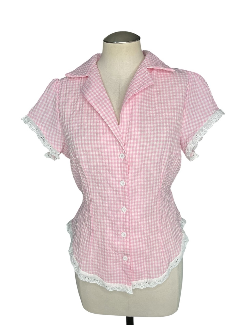 Pink Gingham Lace Trim Tie Back Blouse Cottagecore Coquette Top Medium - Picture 2 of 5